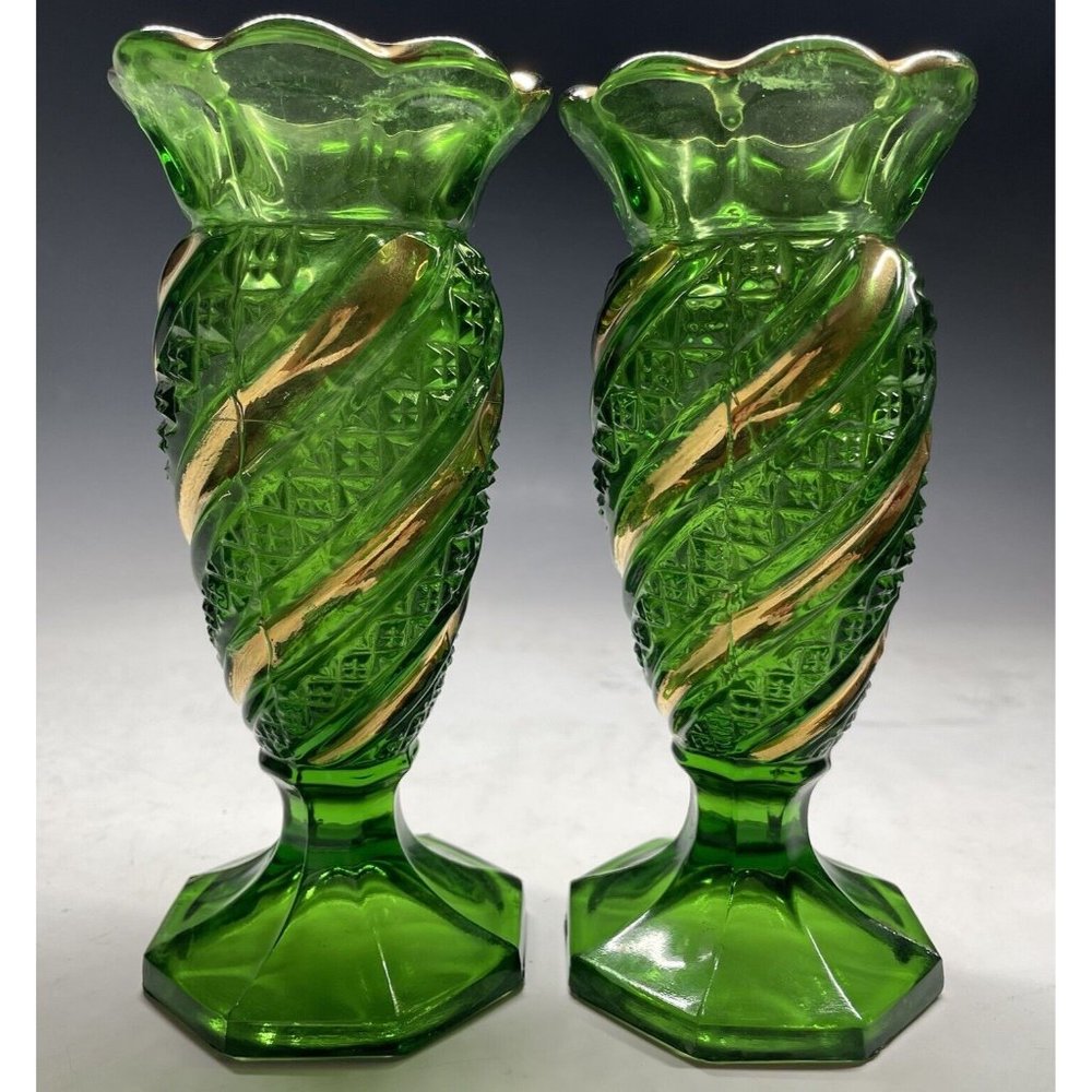 Pair of ANTIQUE 1898 EAPG US GLASS 16048 BAND DIAMOND GREEN GOLD SWIRL Vases